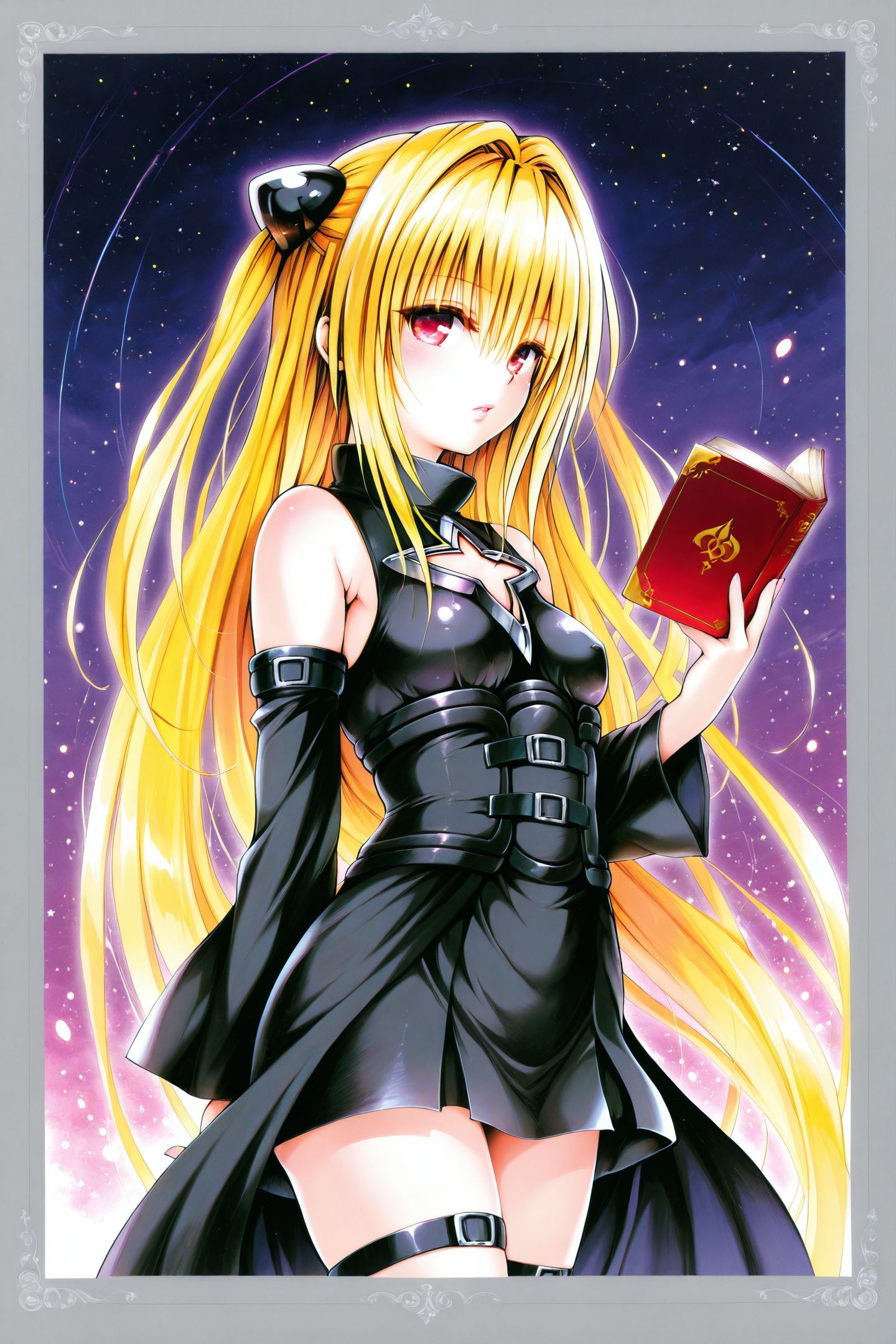 46742-2300468672-Yabuki Kentarou Style,konjiki no yami,1girl,solo,long hair,blonde hair,book,thigh strap,detached sleeves,very long hair,red eyes.jpg